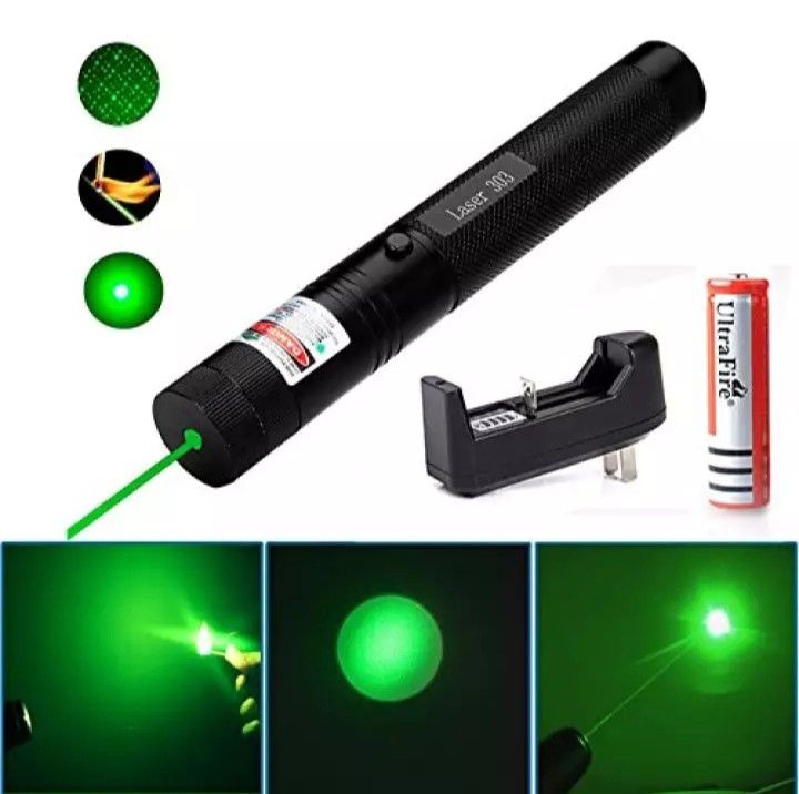 Special Edition High-Power 303 Green Laser Pointer with Adjustable Focus, 8 Designs & Shapes, 5km Range – Rechargeable Battery, Charger & Safety Lock