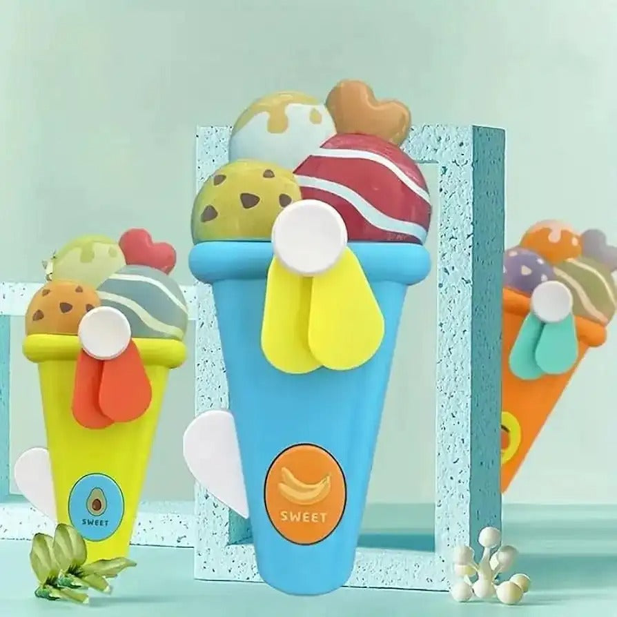 Handheld Ice Cream Cone Toy Fan for Kids – Cute Cartoon Design, Safe Soft Blades, Portable Mini Fan for Summer Play & Cooling (Random Color)