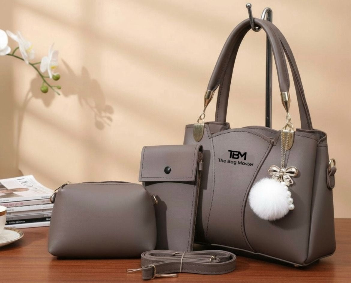TBM The Bag Master 3 Piece Handbag Set Providing Stylish Design Comfortable Use Everyday Carry Support - Grey