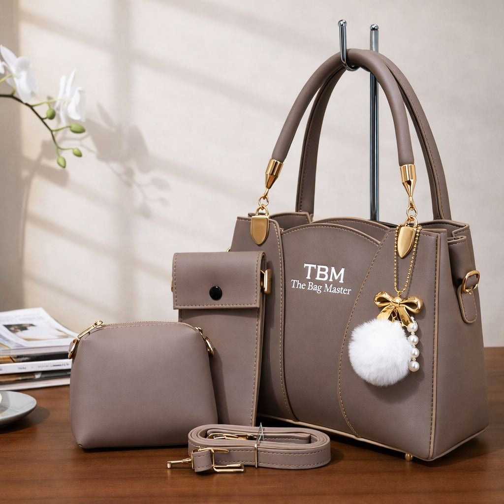 TBM The Bag Master 3 Piece Handbag Set Providing Stylish Design Comfortable Use Everyday Carry Support - Grey
