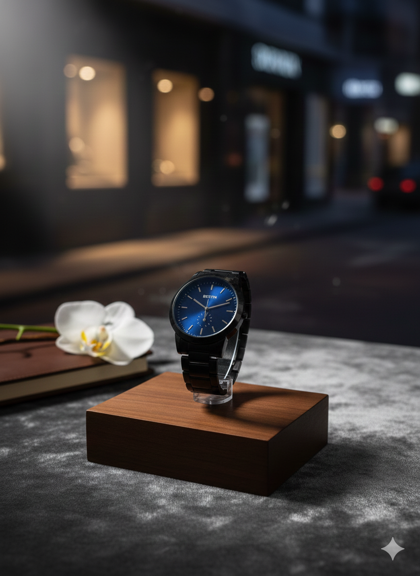 BESTWIN Minimalist Matte Black Link Bracelet Watch - Premium Sunray Blue & Cream Dials - Precision Quartz Movement for Modern Professionals ( black with blue dial )