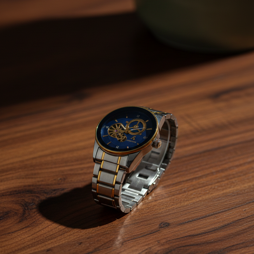 Luxury Men’s Skeleton Automatic Watch - Two-Tone Stainless Steel Bracelet, Open Heart Mechanical Dial ( golden with golden dial )