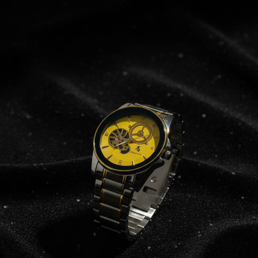 Luxury Men’s Skeleton Automatic Watch - Two-Tone Stainless Steel Bracelet, Open Heart Mechanical Dial ( golden with golden dial )