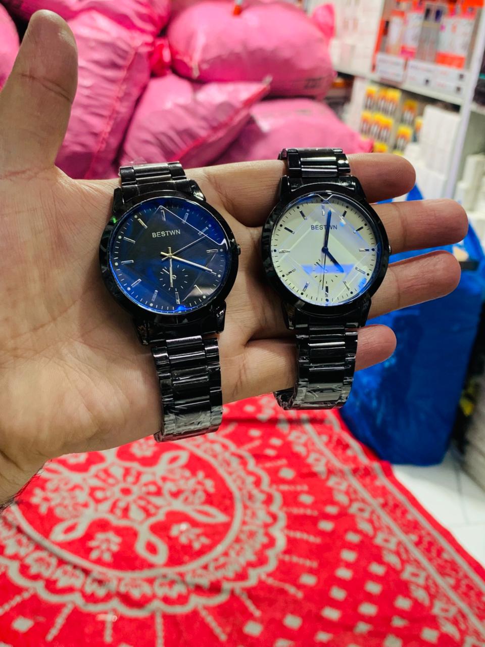 BESTWIN Minimalist Matte Black Link Bracelet Watch - Premium Sunray Blue & Cream Dials - Precision Quartz Movement for Modern Professionals ( black with blue dial )