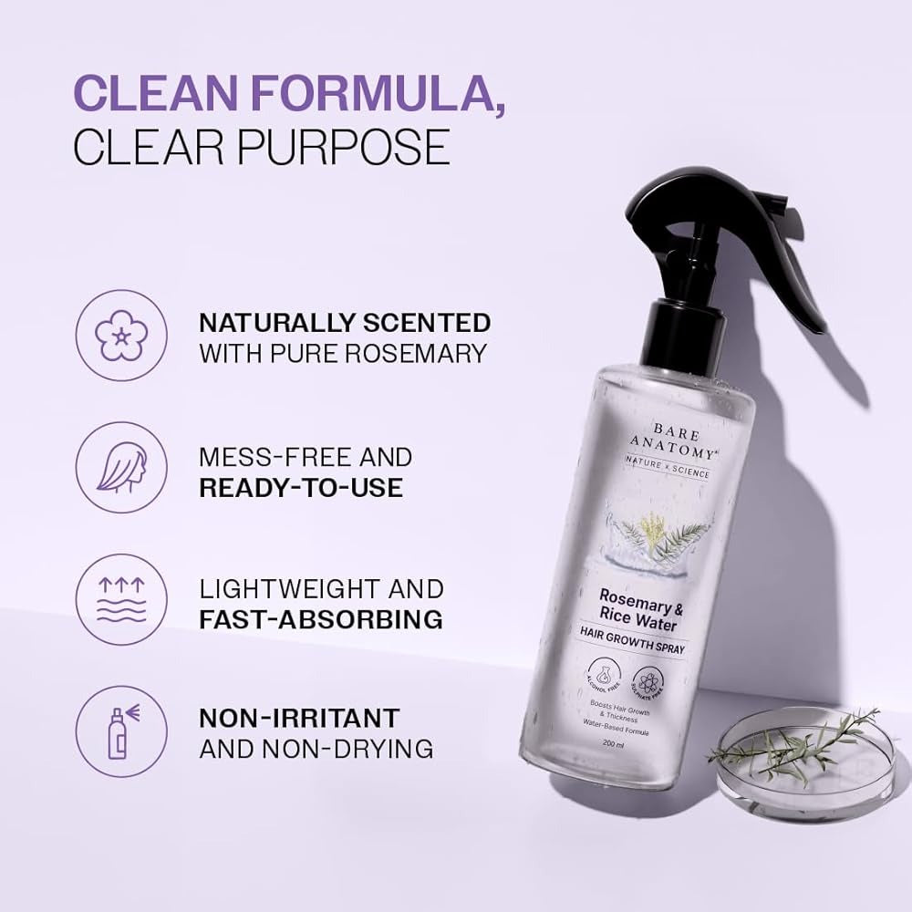 Bare Anatomy Rosemary & Rice Water Hair Growth Spray - 200ml | Boosts Thickness & Strength | Water-Based, Alcohol & Sulphate Free Formula