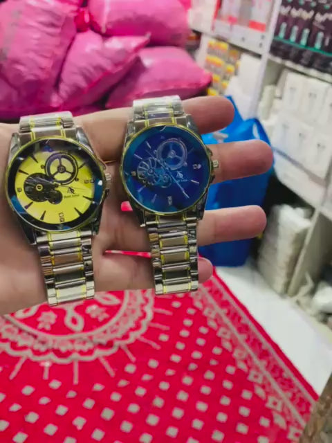 Luxury Men’s Skeleton Automatic Watch - Two-Tone Stainless Steel Bracelet, Open Heart Mechanical Dial ( golden with golden dial )