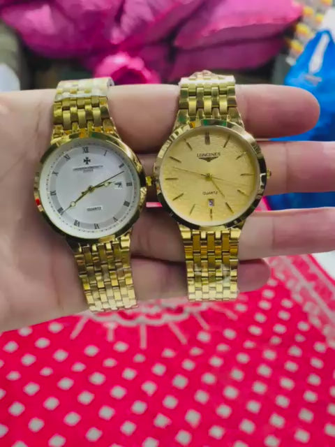 Classic Gold-Plated Men's Quartz Watch - Luxury Inspired Vacheron & Longines Style Dress Watches with Date Display & Link Bracelet ( golden with golden dial )