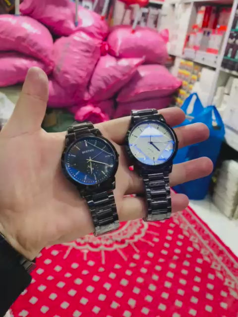 BESTWIN Minimalist Matte Black Link Bracelet Watch - Premium Sunray Blue & Cream Dials - Precision Quartz Movement for Modern Professionals ( black with blue dial )